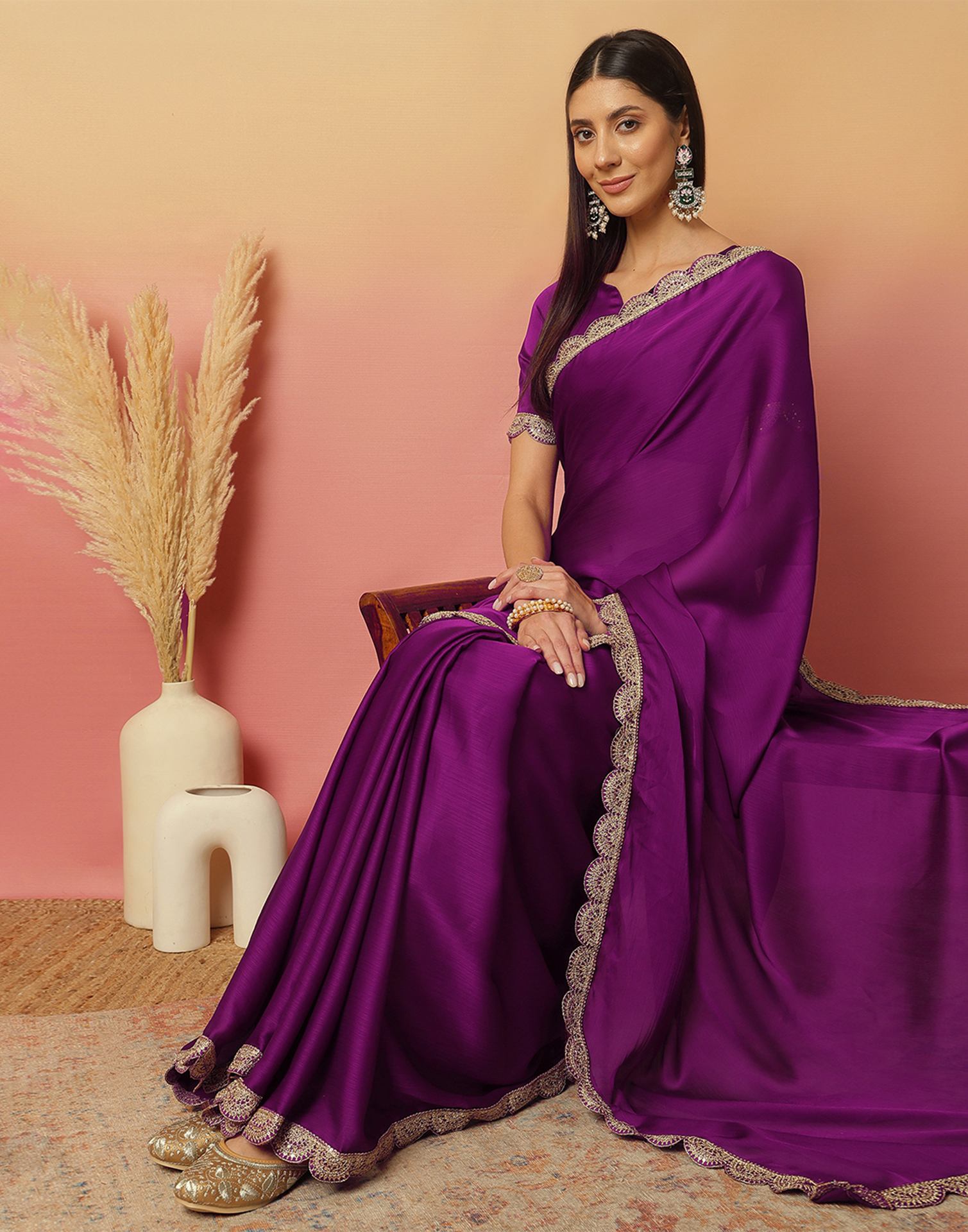 Dark Magenta Satin Sequence Plain Saree