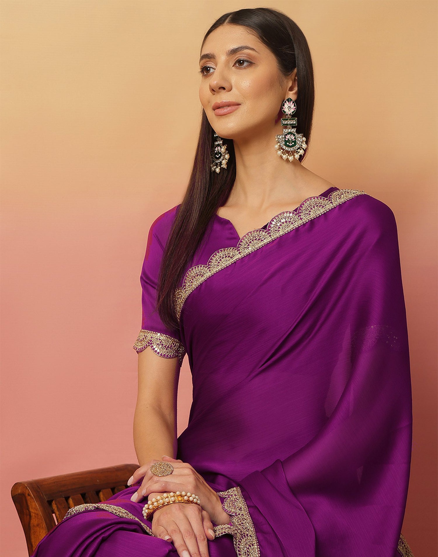 Dark Magenta Satin Sequence Plain Saree