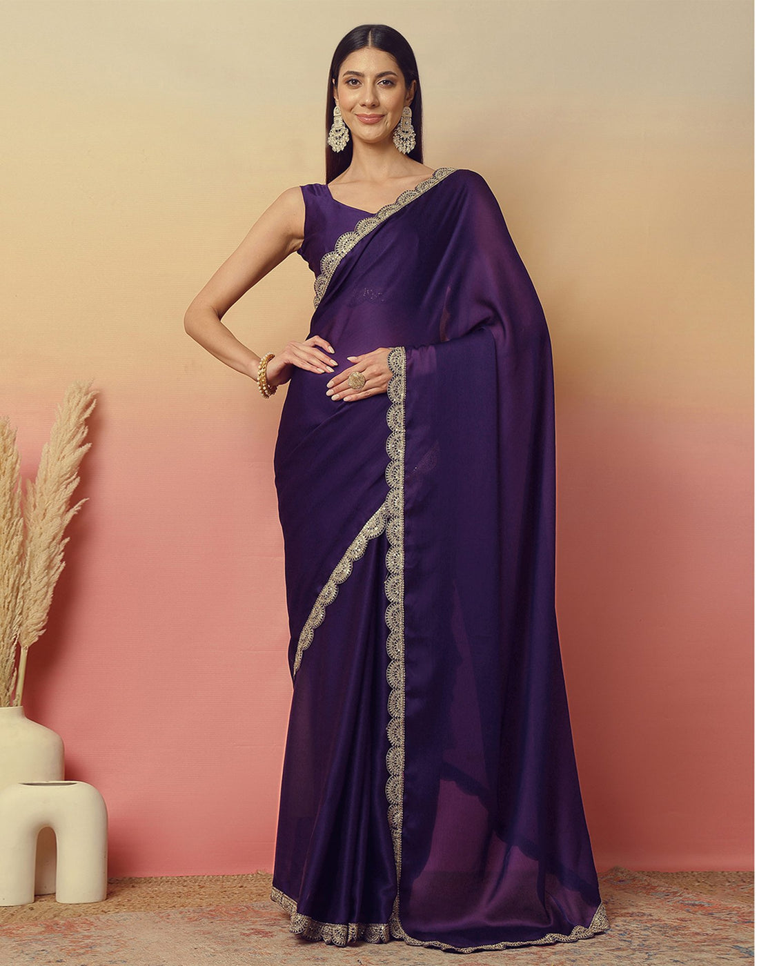 Dark Purple Satin Sequence Plain Saree