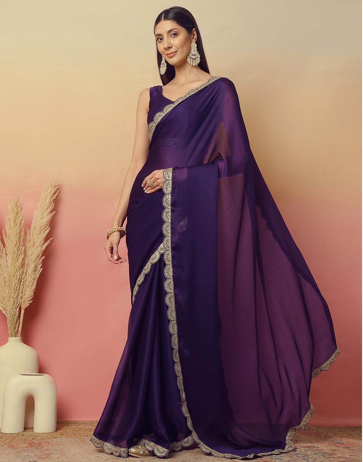 Dark Purple Satin Sequence Plain Saree