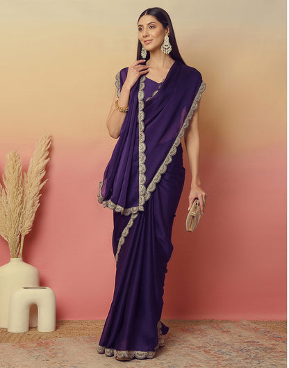 Dark Purple Satin Sequence Plain Saree