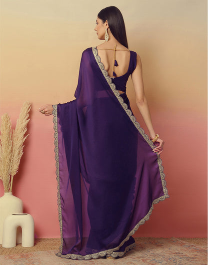 Dark Purple Satin Sequence Plain Saree