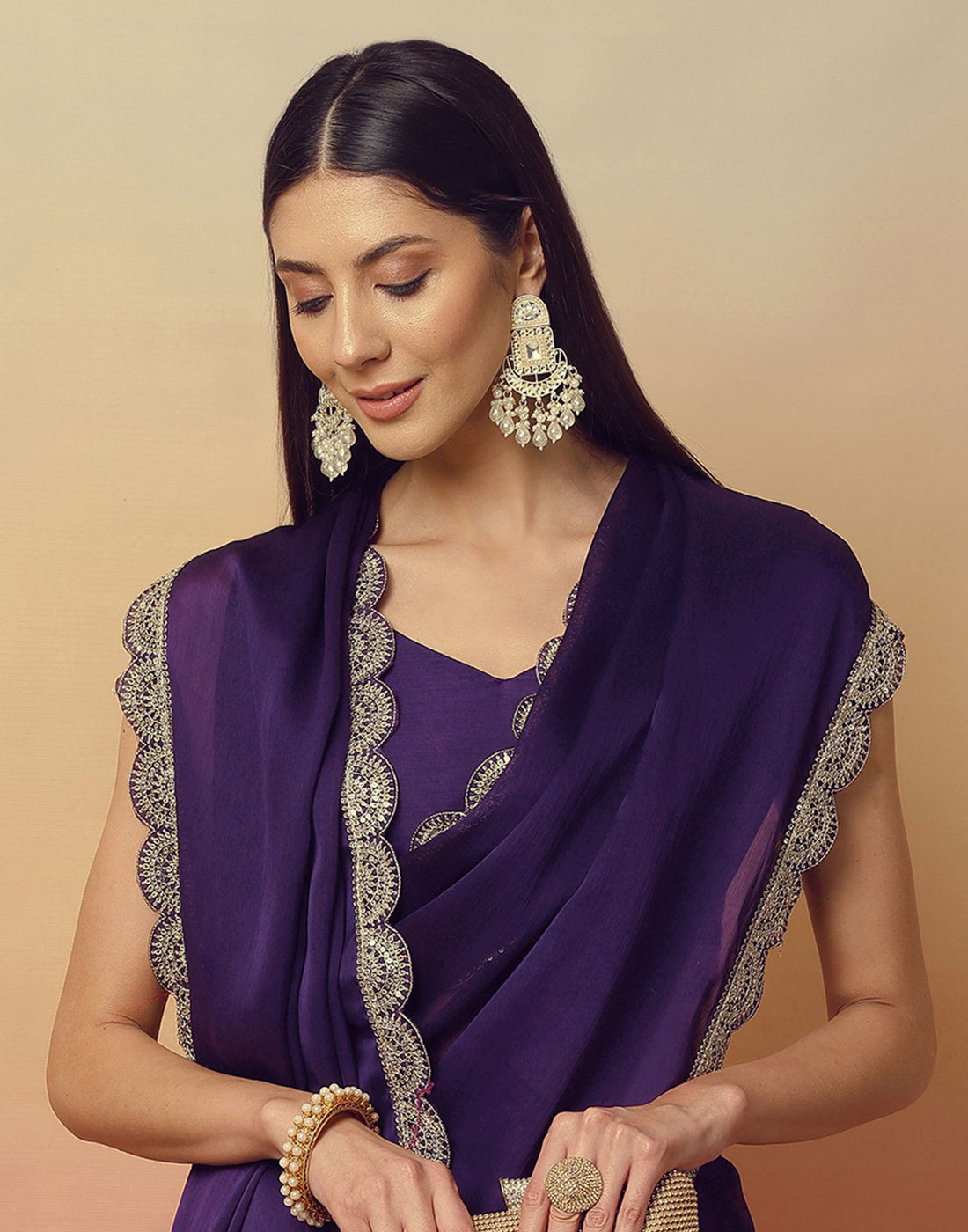 Dark Purple Satin Sequence Plain Saree