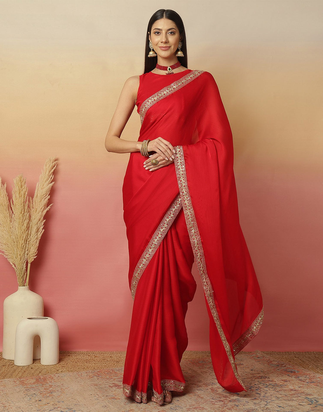 Red Satin Sequence Plain Saree
