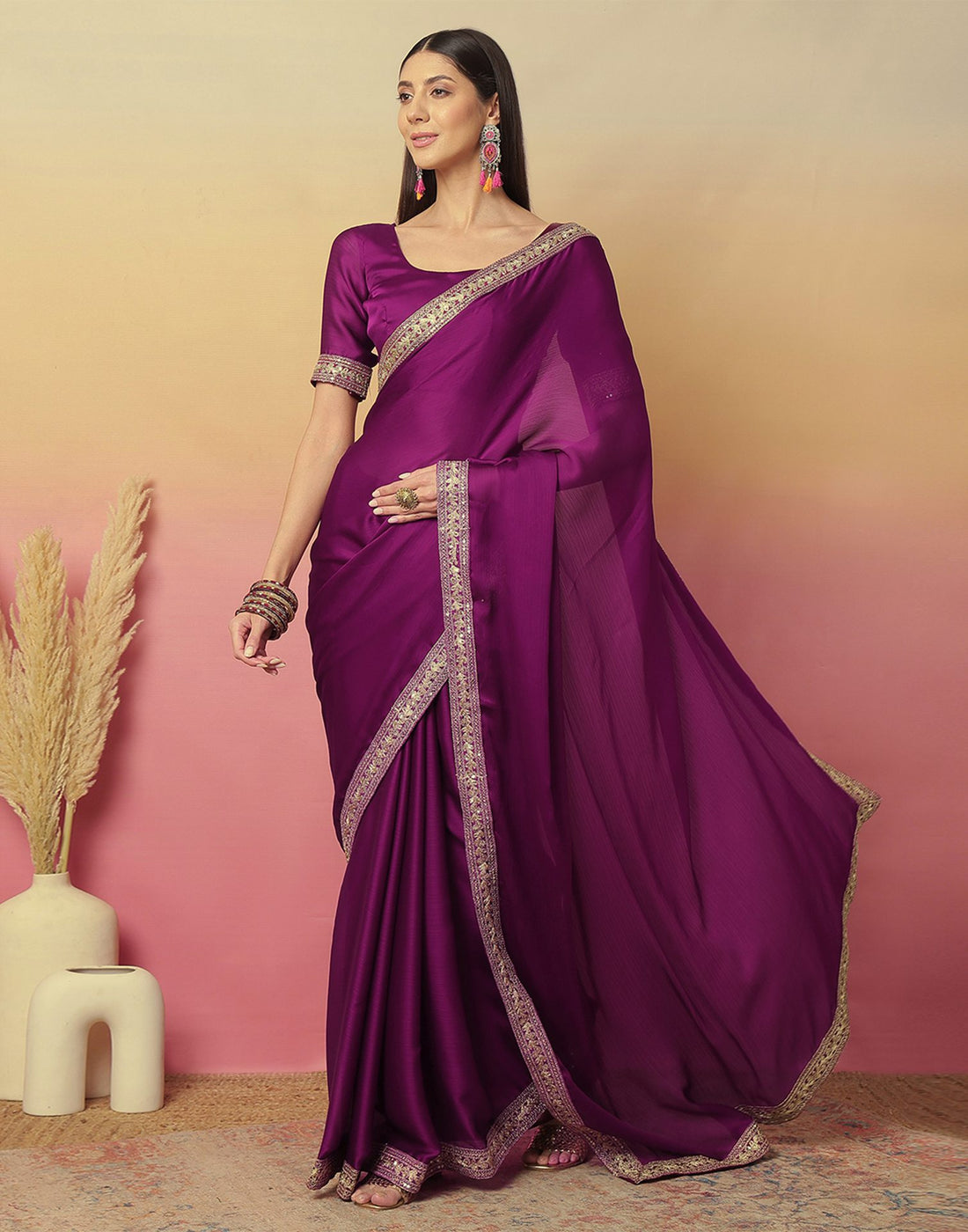Dark Magenta Satin Sequence Plain Saree
