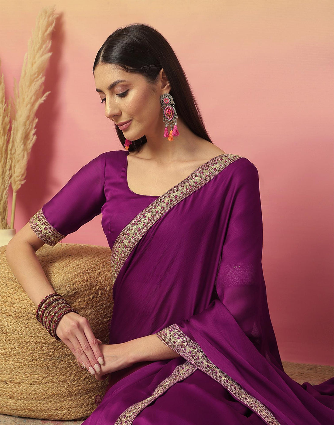 Dark Magenta Satin Sequence Plain Saree