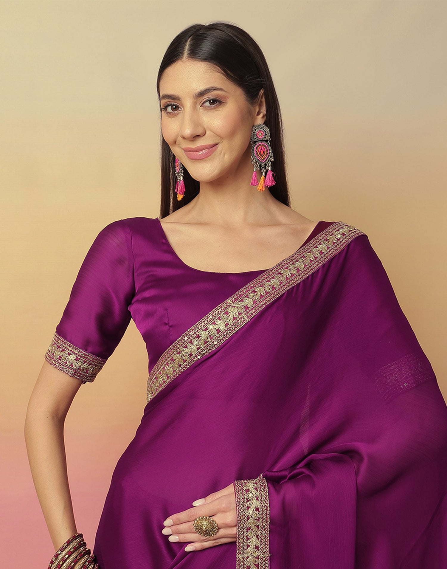 Dark Magenta Satin Sequence Plain Saree