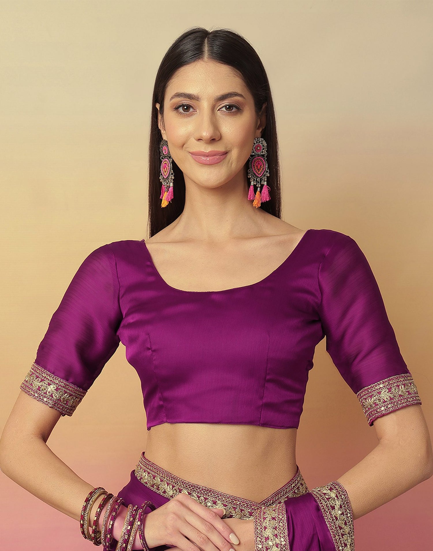 Dark Magenta Satin Sequence Plain Saree