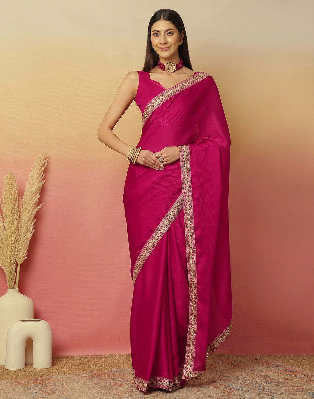 Rani Pink Satin Sequence Plain Saree