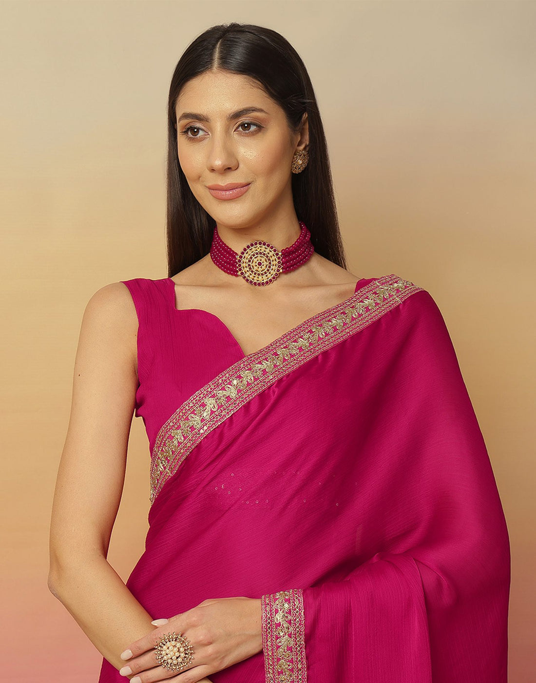 Rani Pink Satin Sequence Plain Saree