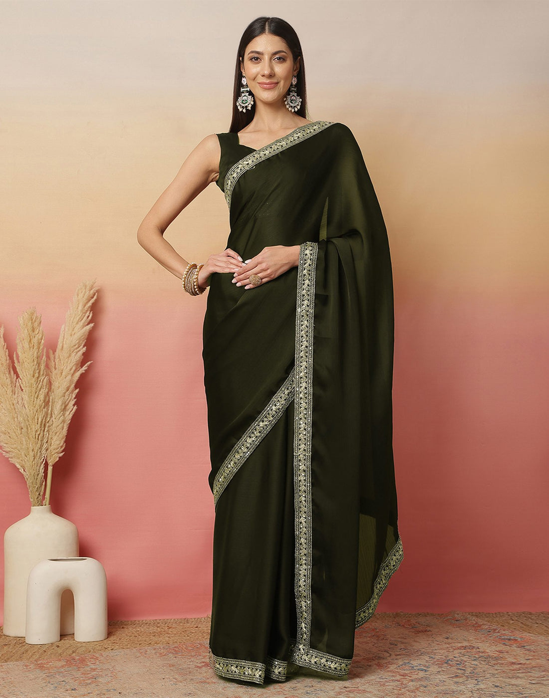 Dark Green Satin Sequence Plain Saree