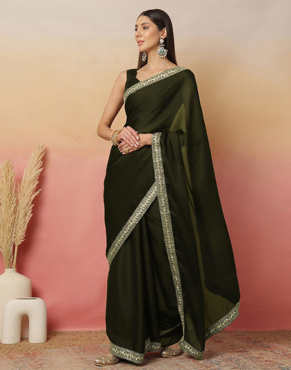 Dark Green Satin Sequence Plain Saree