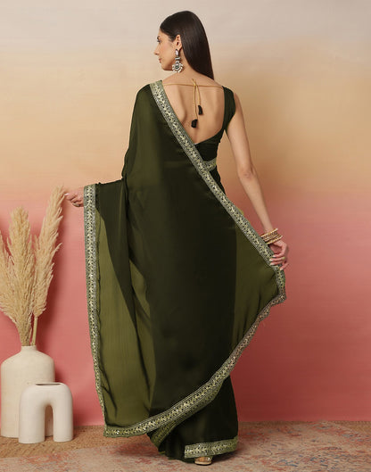 Dark Green Satin Sequence Plain Saree