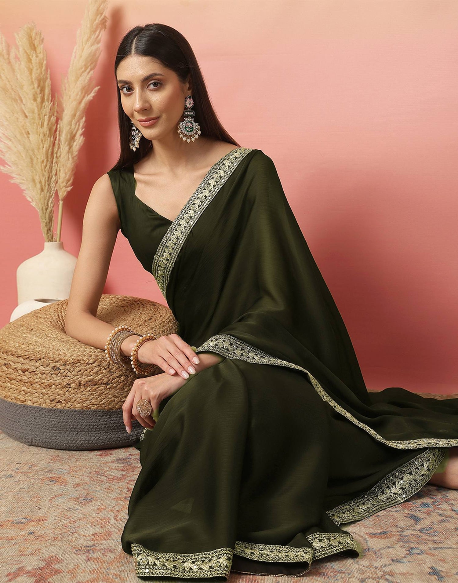 Dark Green Satin Sequence Plain Saree