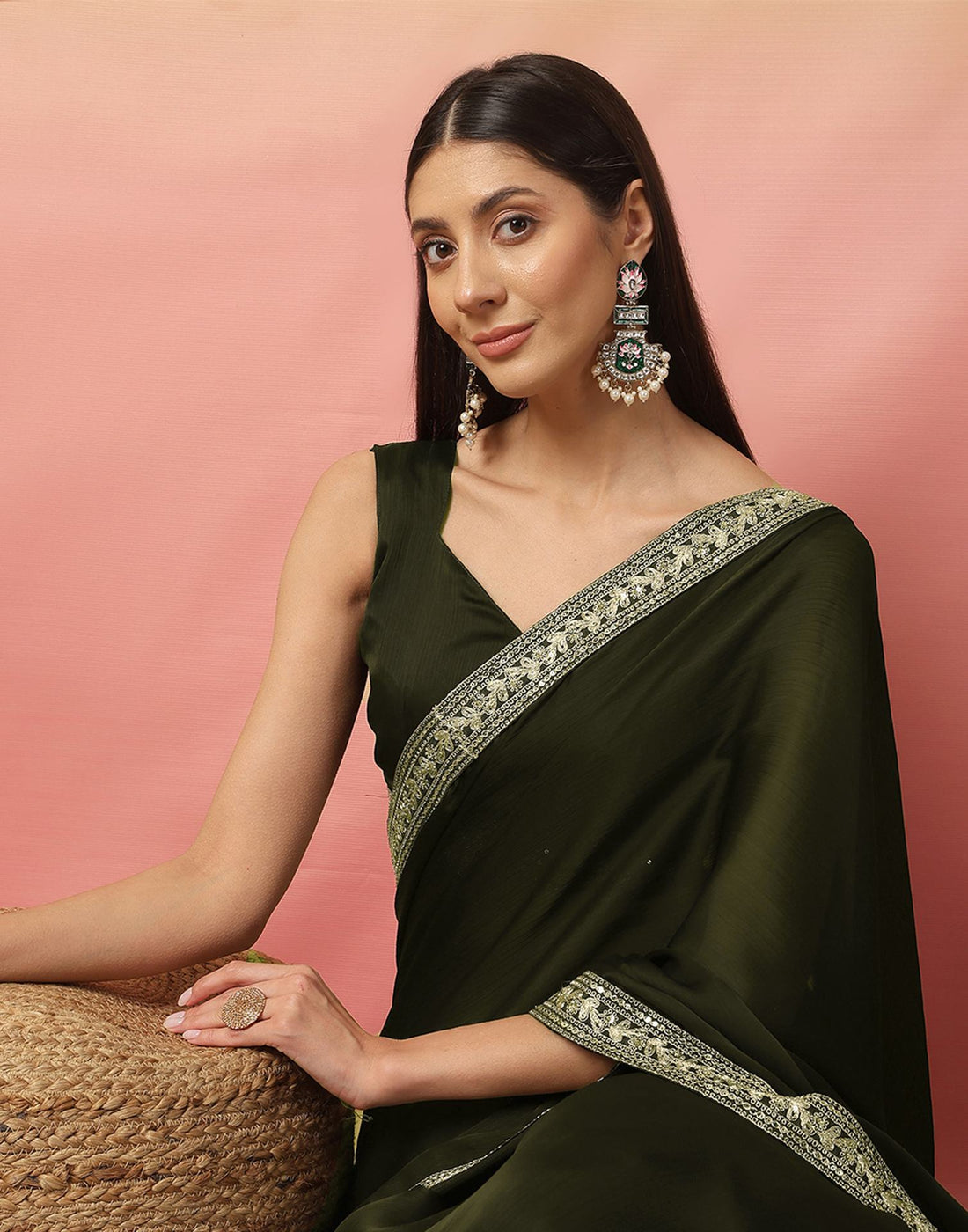 Dark Green Satin Sequence Plain Saree
