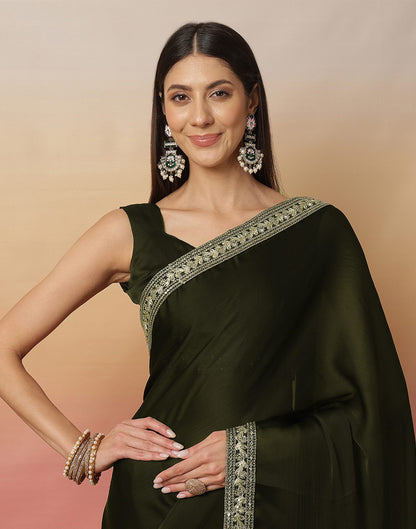 Dark Green Satin Sequence Plain Saree