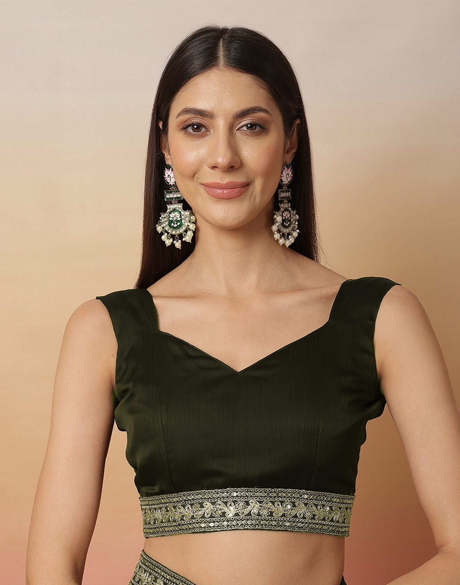Dark Green Satin Sequence Plain Saree
