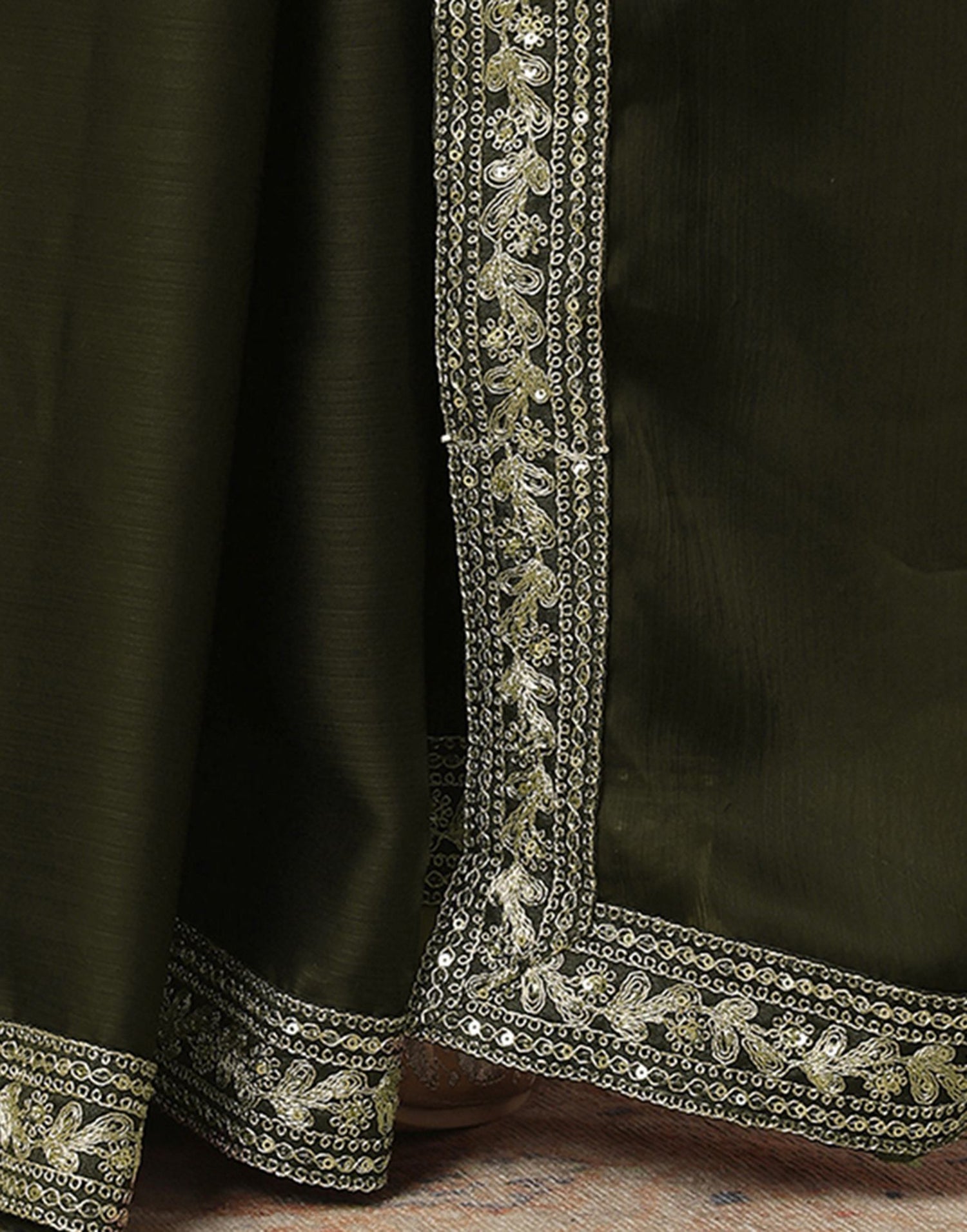 Dark Green Satin Sequence Plain Saree
