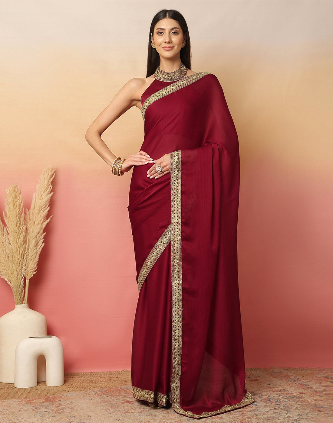 Maroon Satin Sequence Plain Saree
