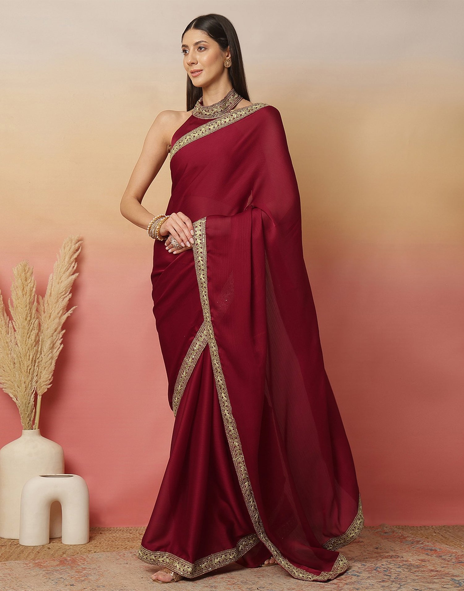 Maroon Satin Sequence Plain Saree