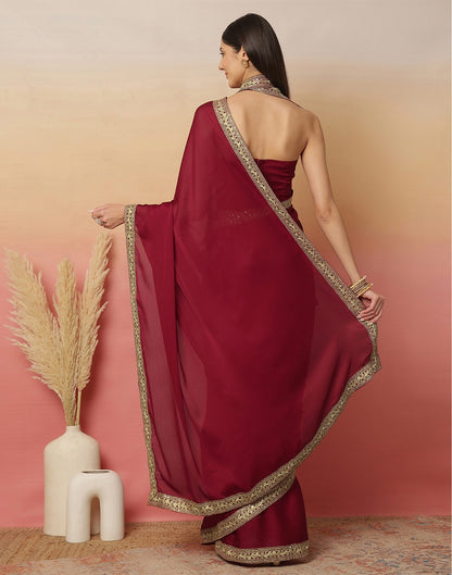 Maroon Satin Sequence Plain Saree