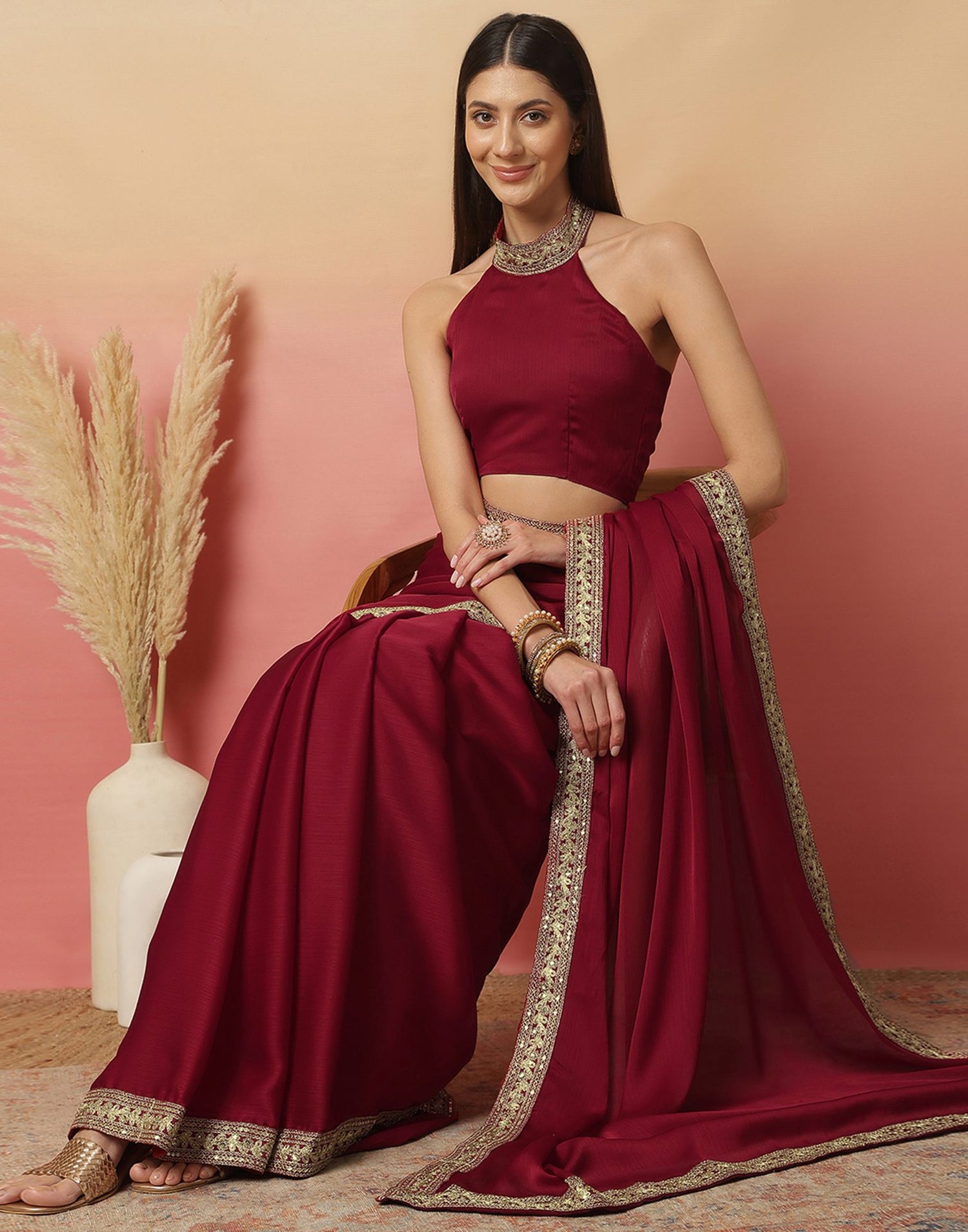 Maroon Satin Sequence Plain Saree
