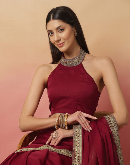 Maroon Satin Sequence Plain Saree