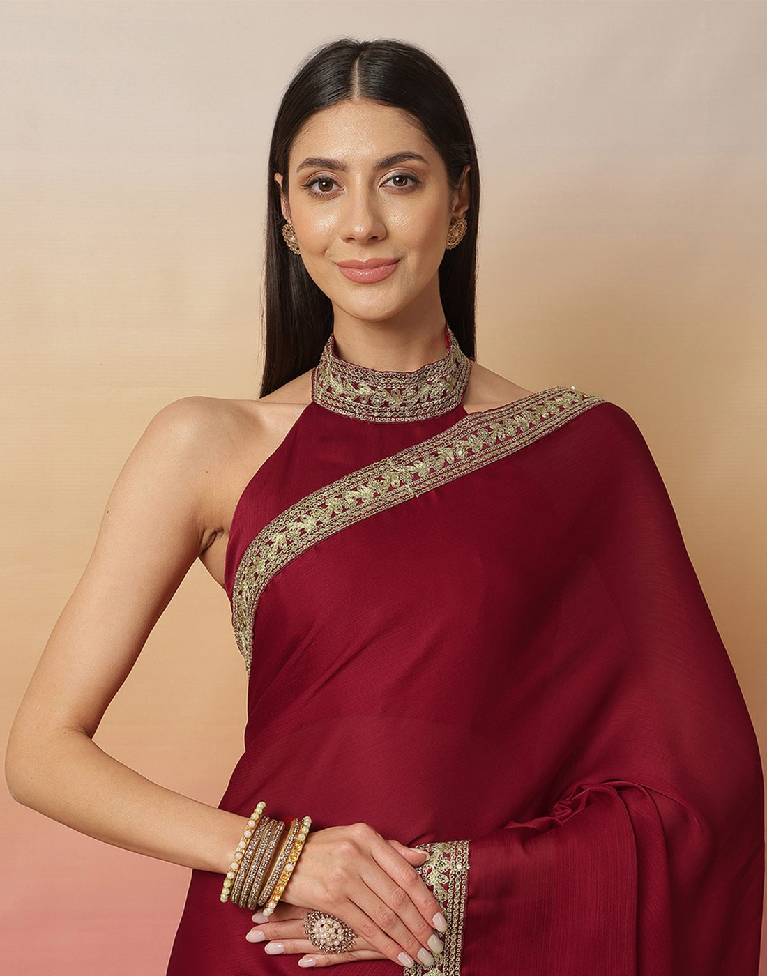 Maroon Satin Sequence Plain Saree