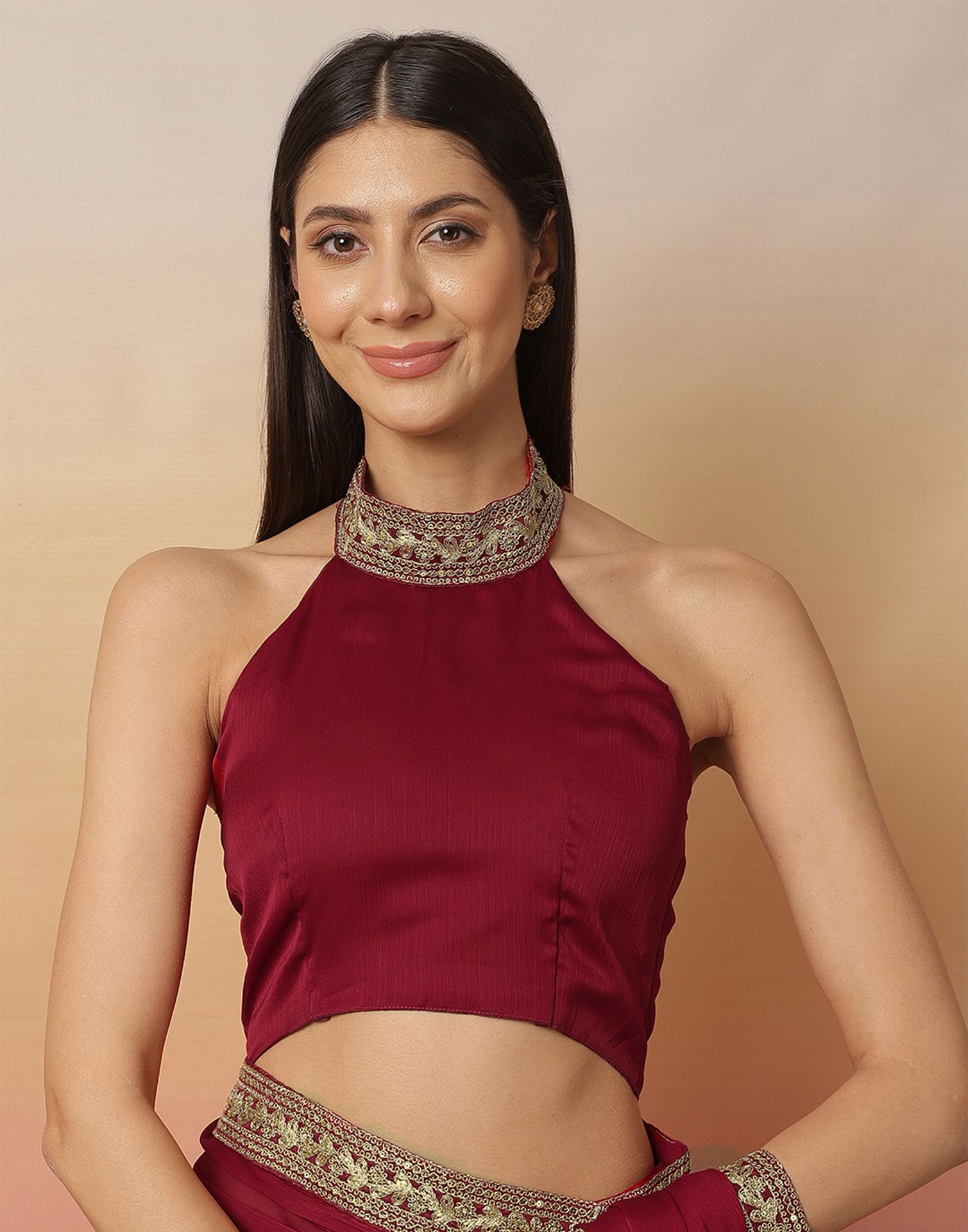 Maroon Satin Sequence Plain Saree