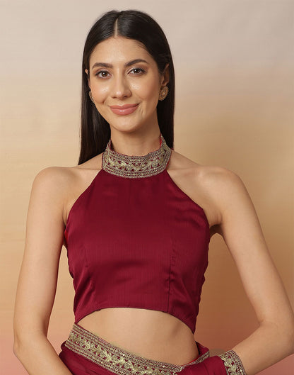 Maroon Satin Sequence Plain Saree