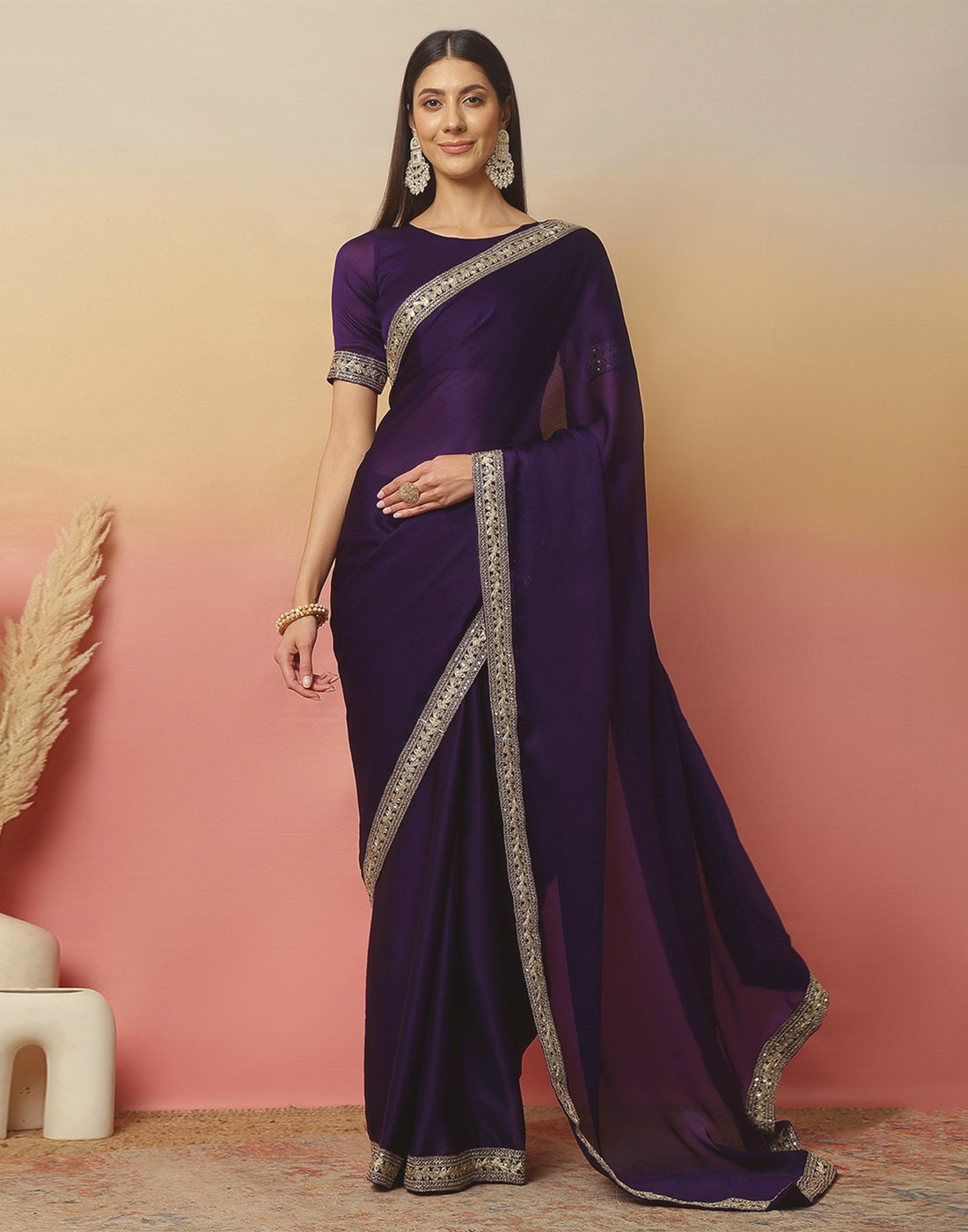 Dark Purple Satin Sequence Plain Saree