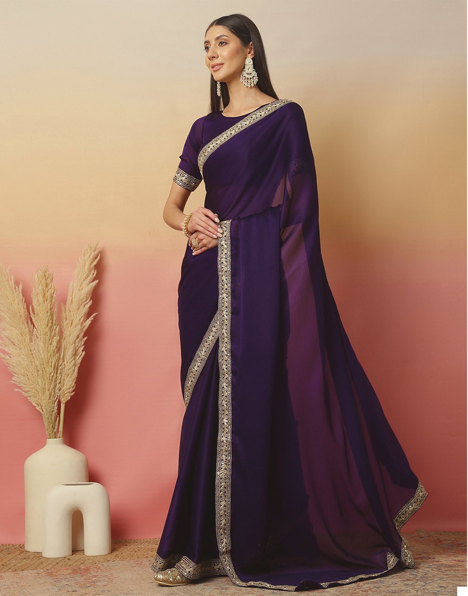 Dark Purple Satin Sequence Plain Saree