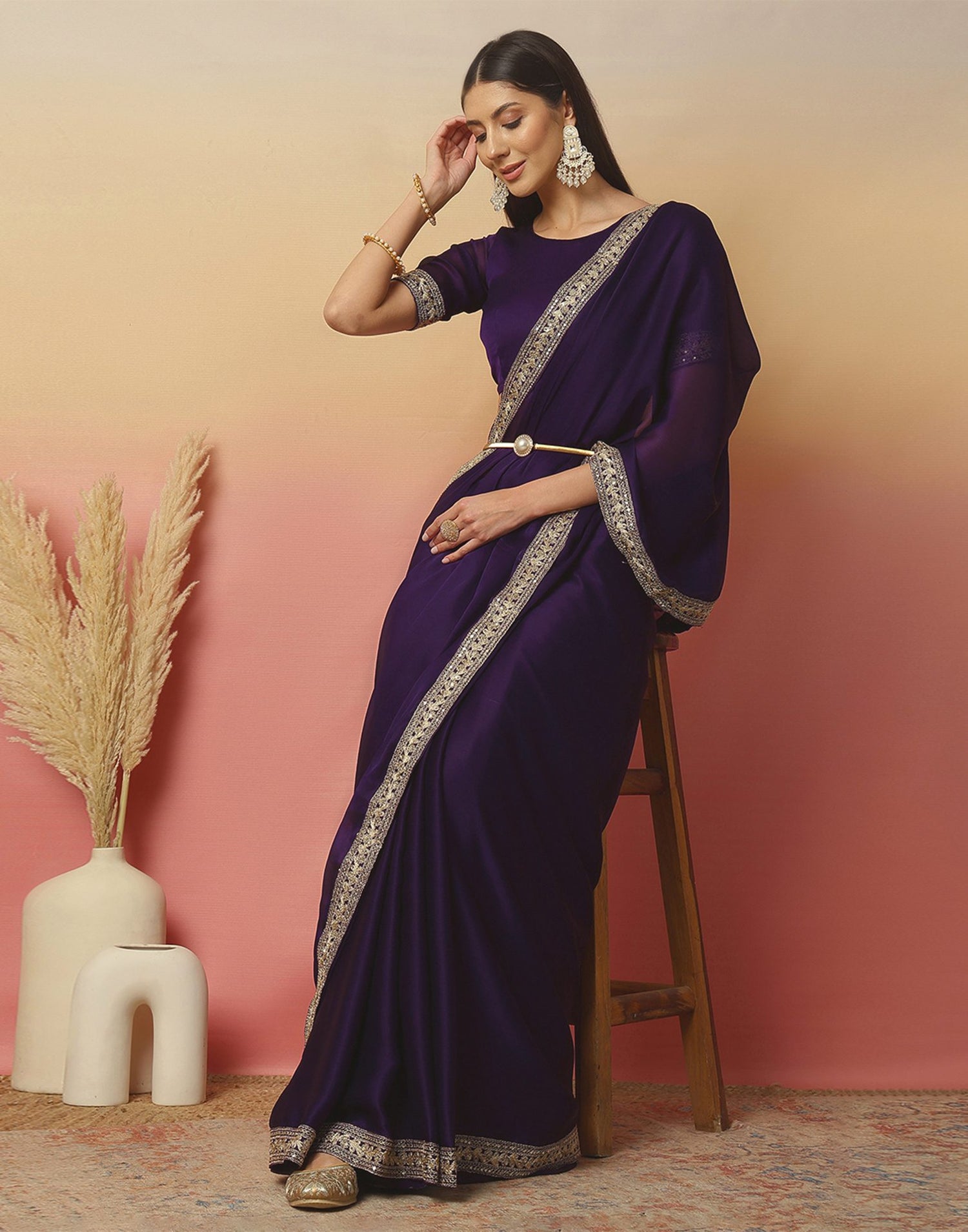 Dark Purple Satin Sequence Plain Saree