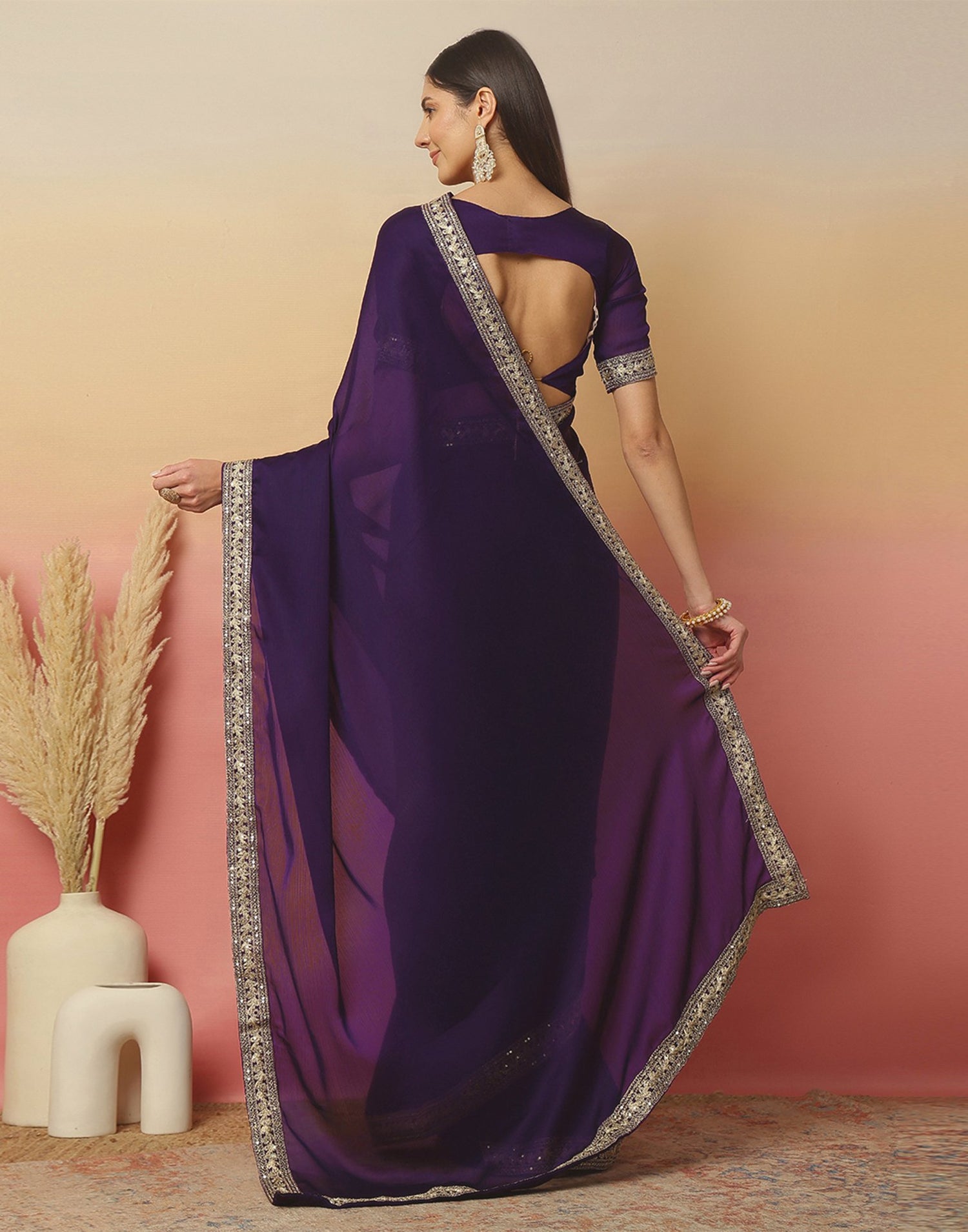 Dark Purple Satin Sequence Plain Saree