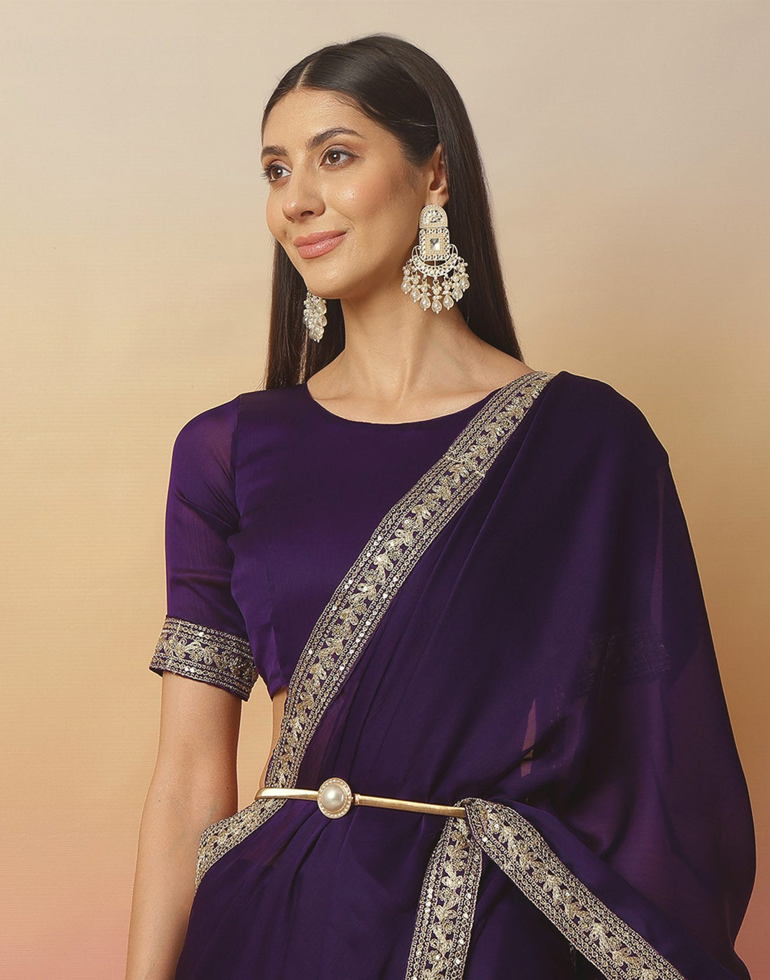 Dark Purple Satin Sequence Plain Saree