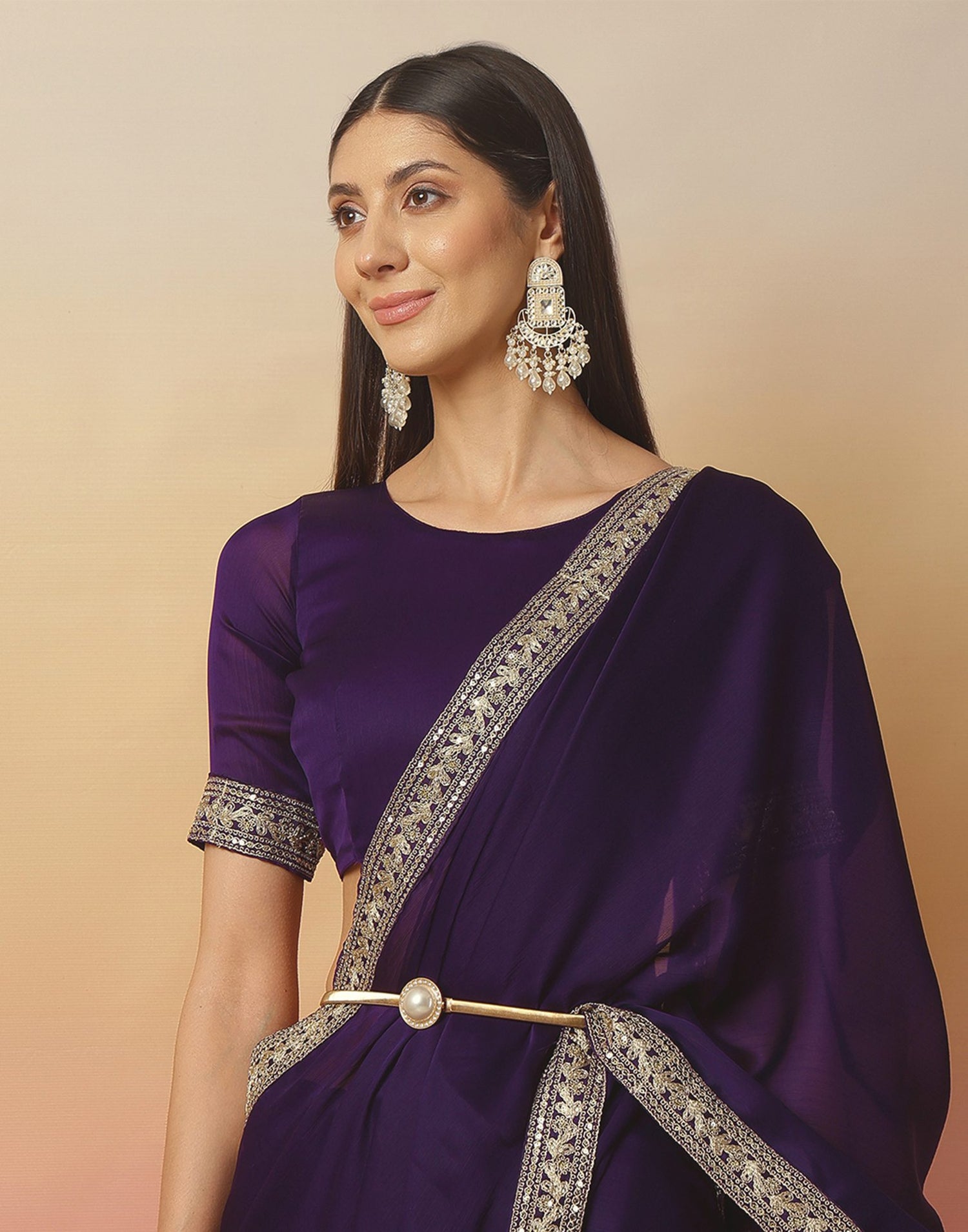 Dark Purple Satin Sequence Plain Saree