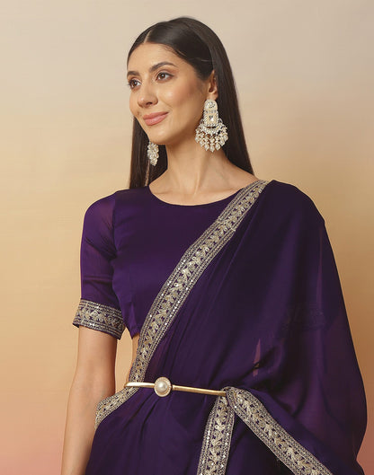 Dark Purple Satin Sequence Plain Saree