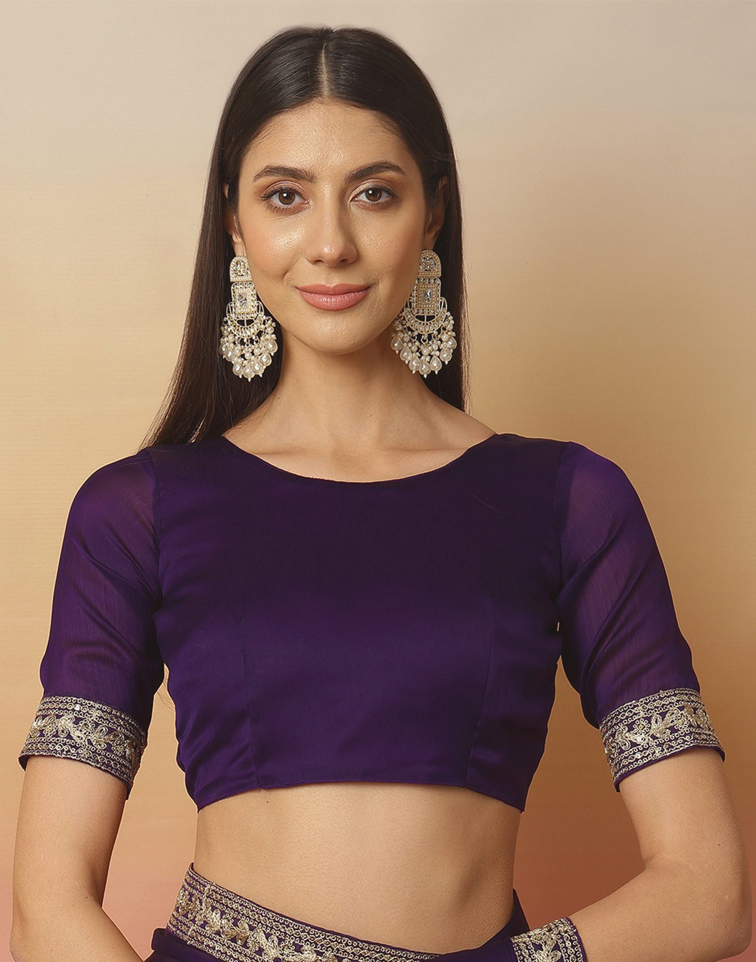 Dark Purple Satin Sequence Plain Saree