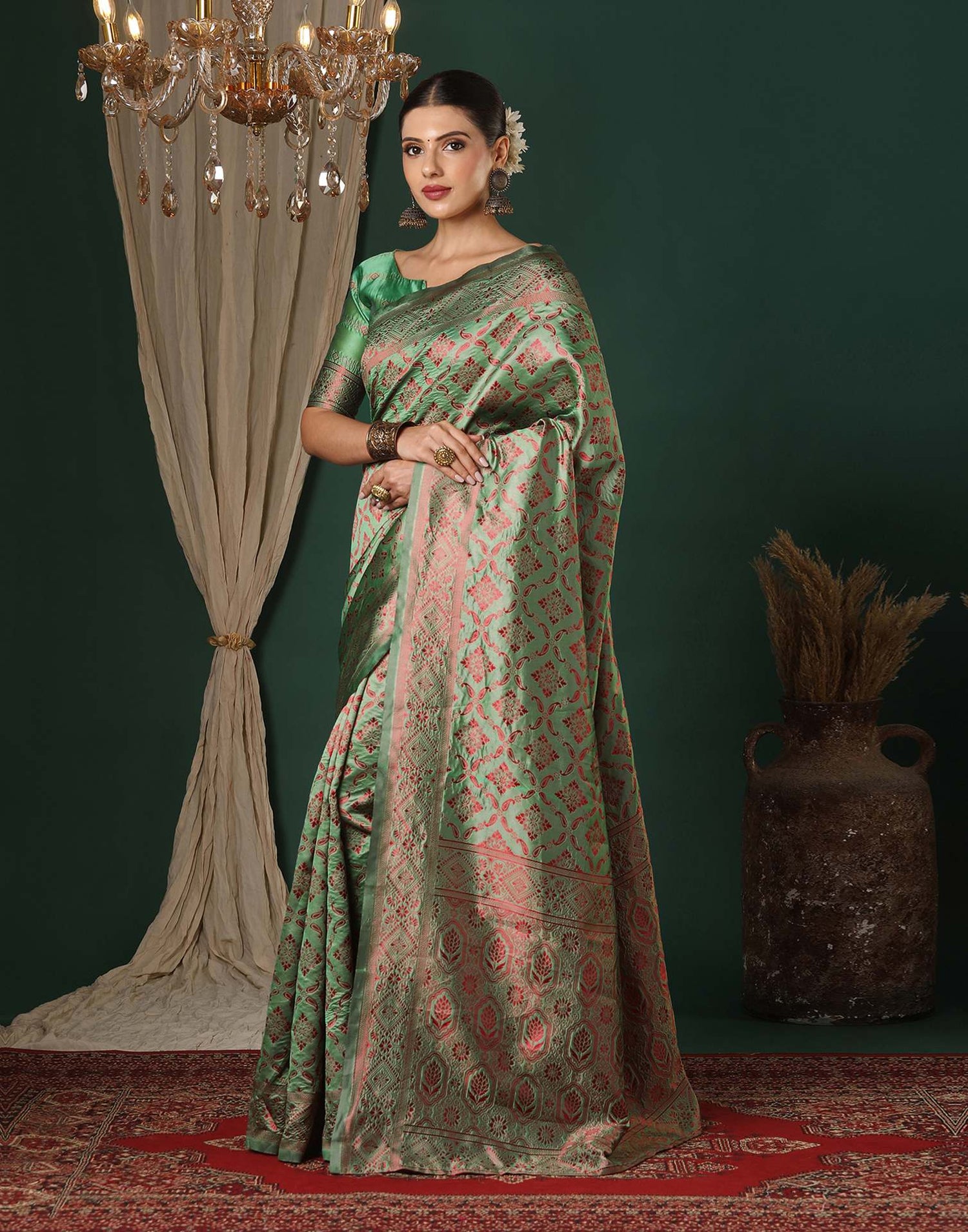 Dusty Green Silk Woven Saree