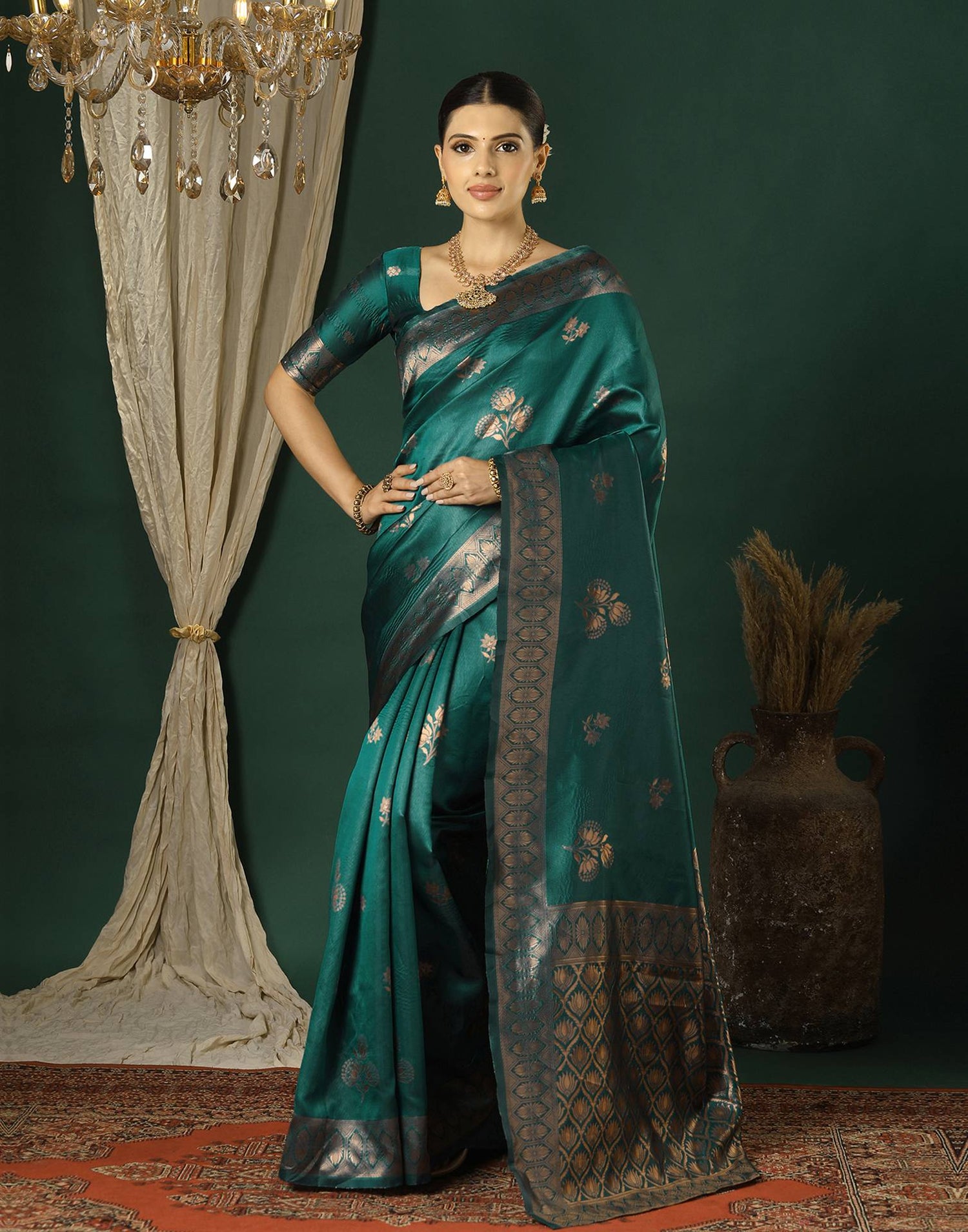 Teal Green Silk Woven Saree