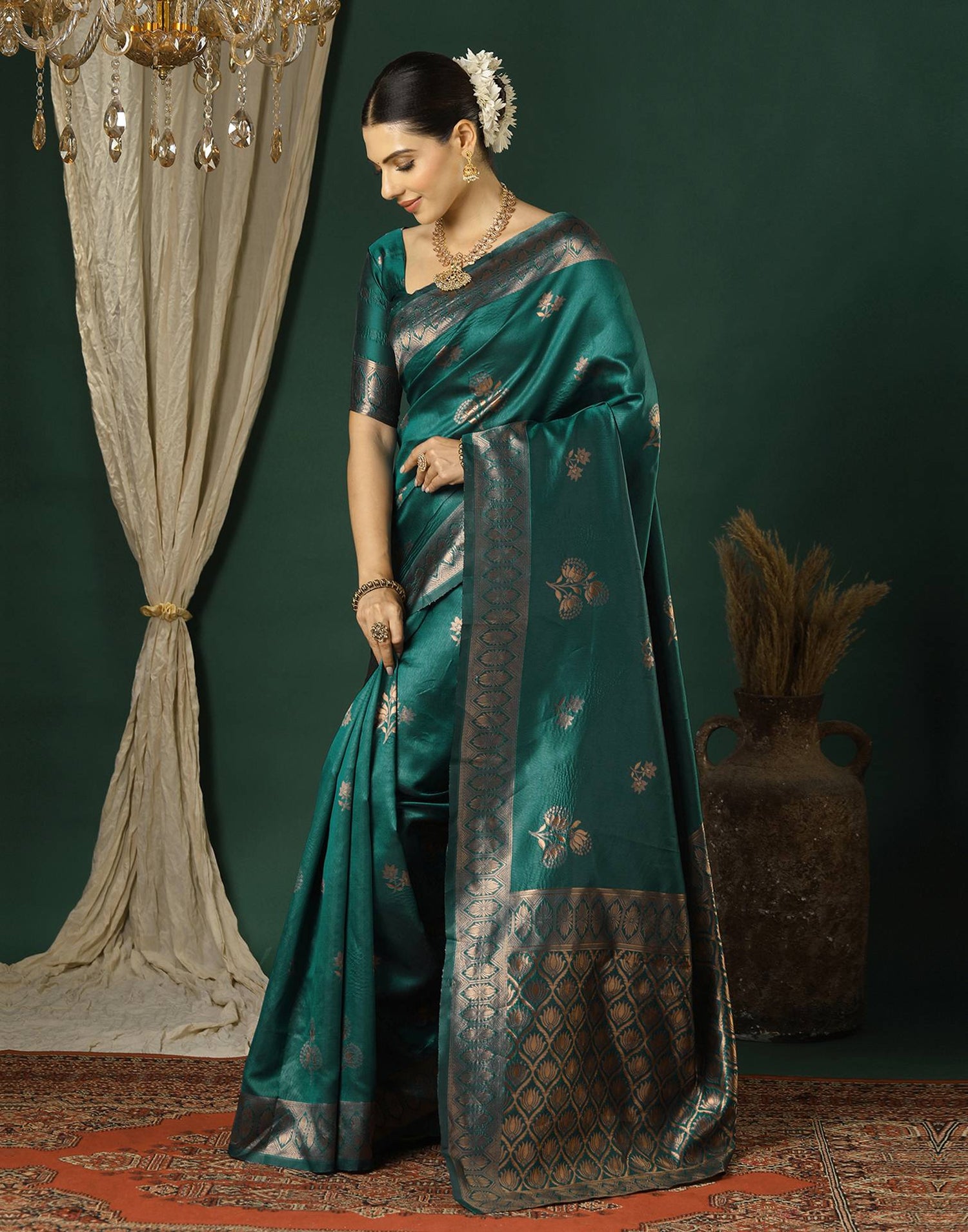 Teal Green Silk Woven Saree