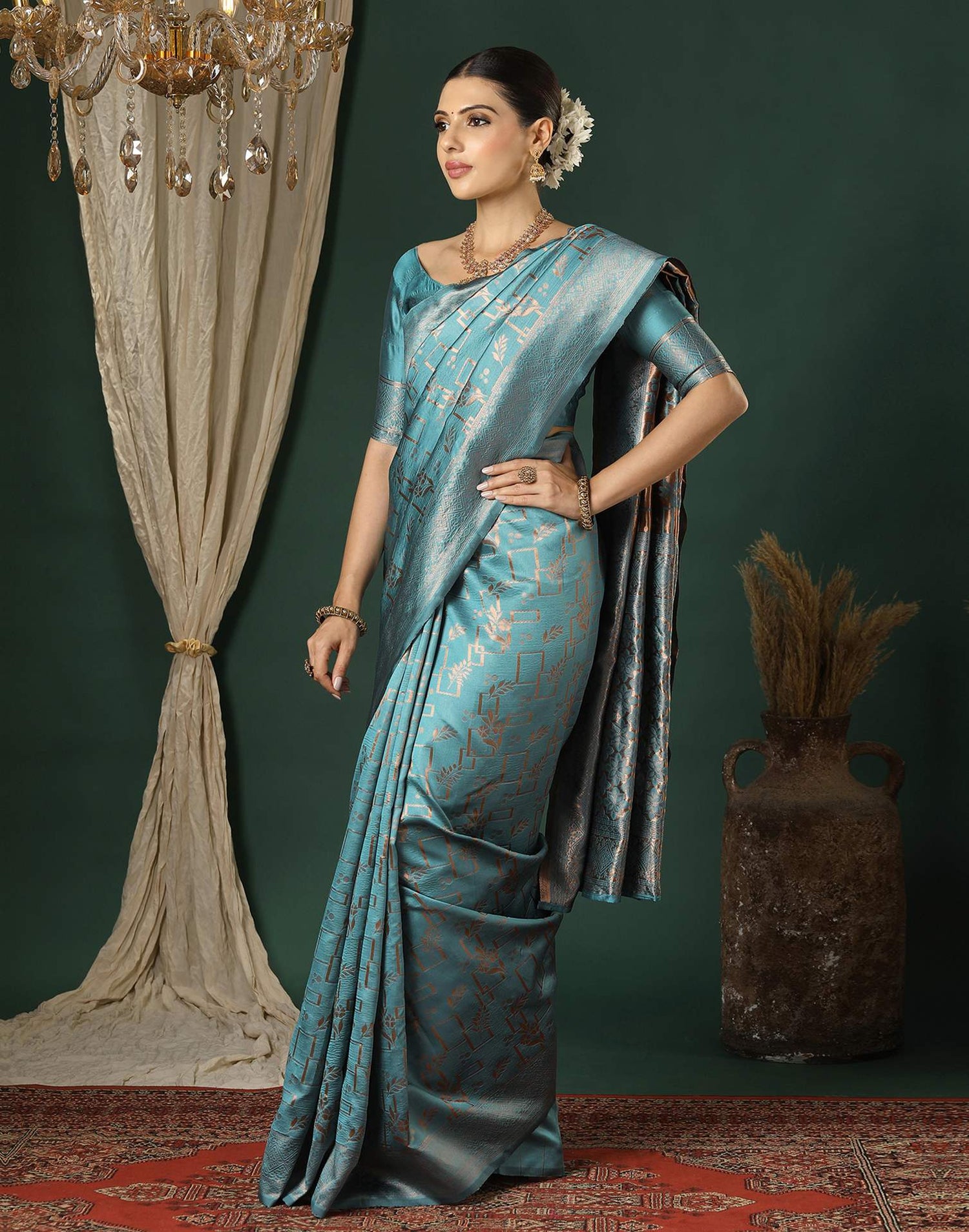 Dusty Blue Silk Woven Saree