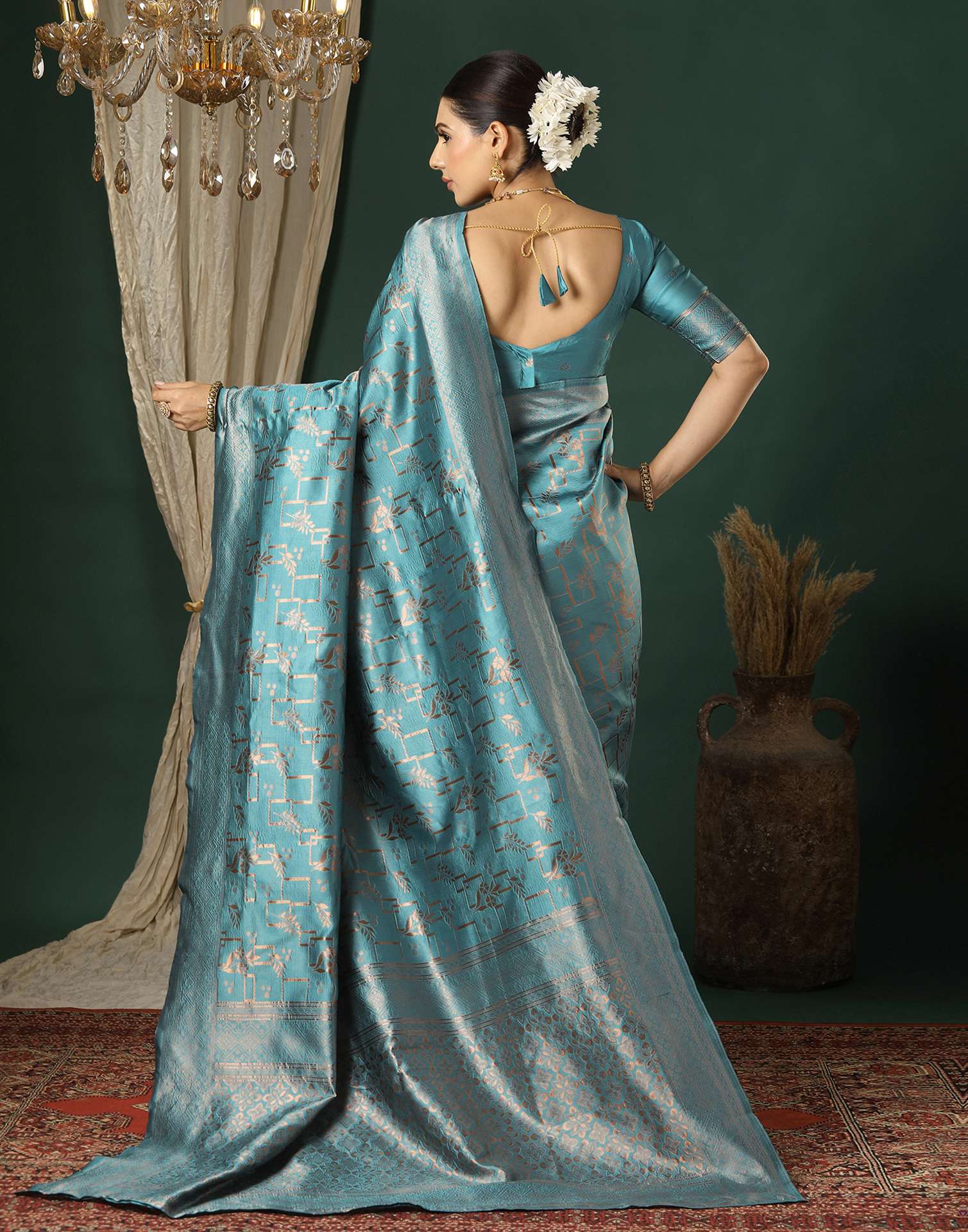 Dusty Blue Silk Woven Saree