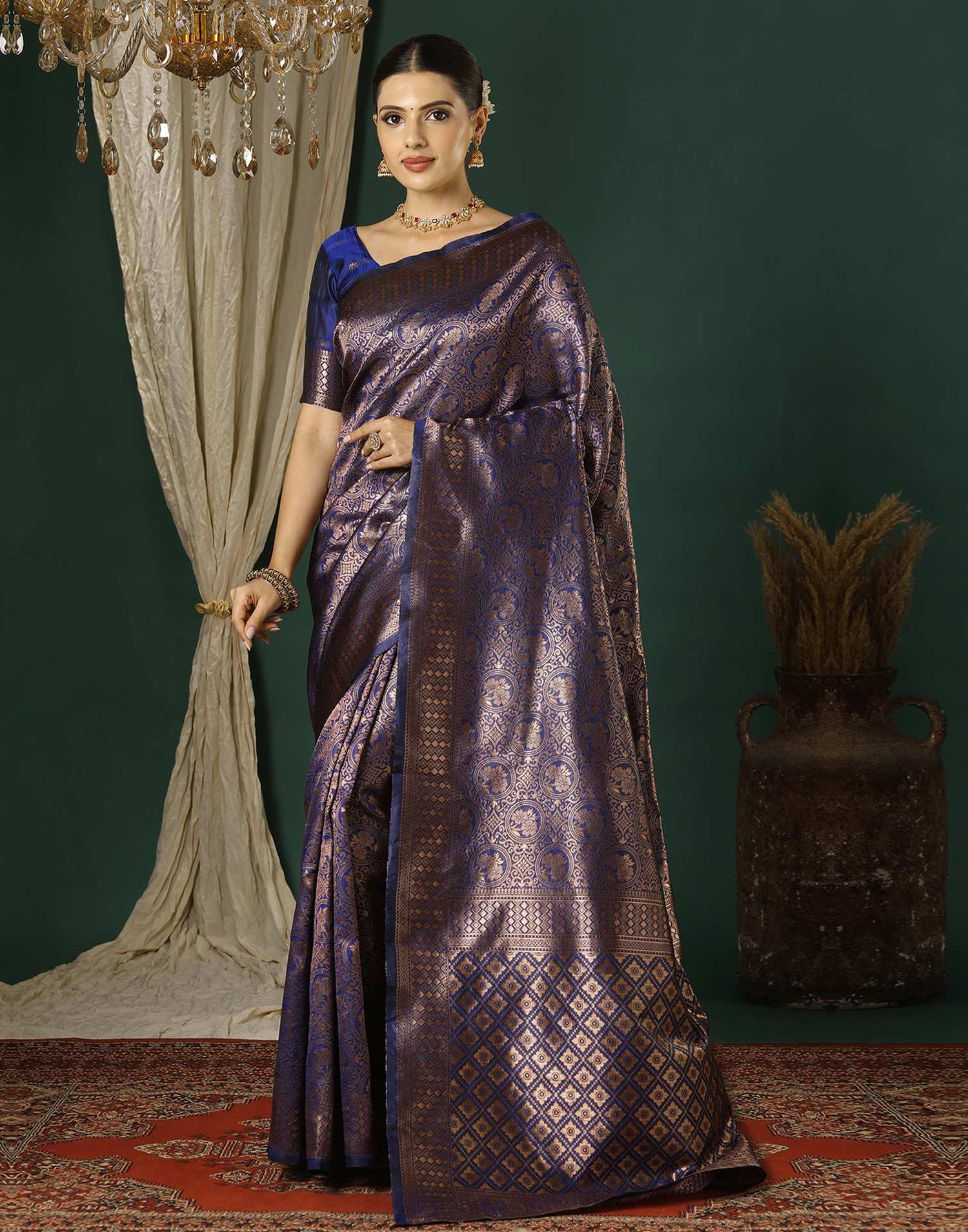Navy Blue Silk Woven Saree
