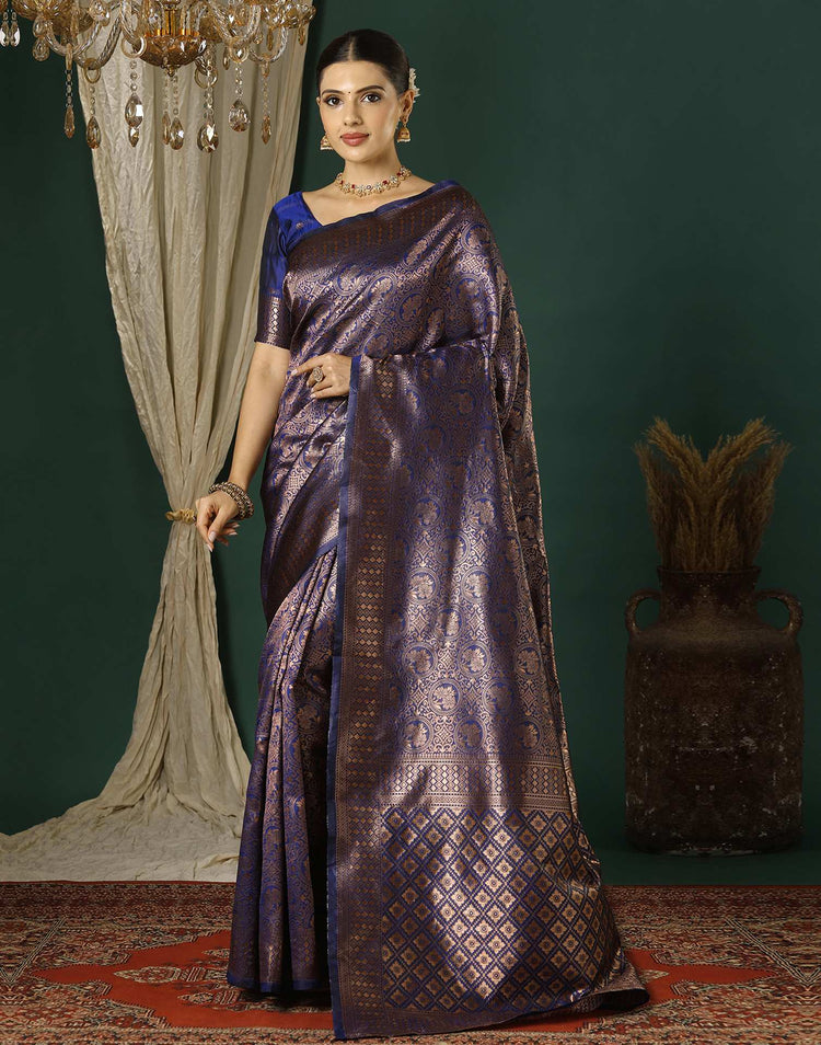 Navy Blue Silk Woven Banarasi Saree