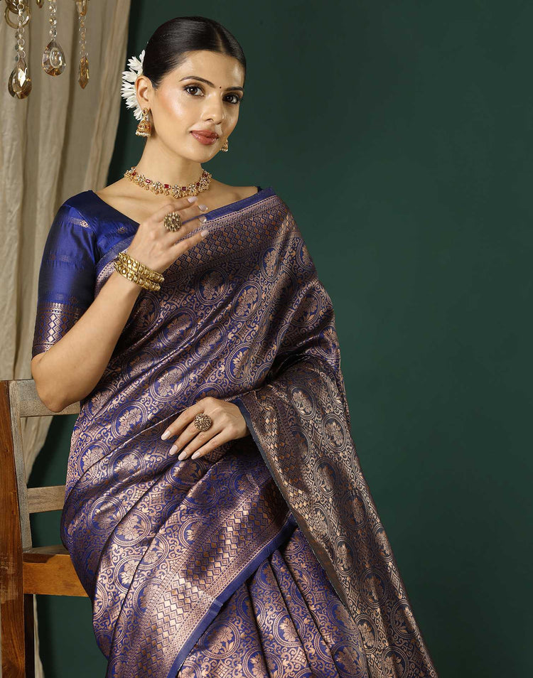 Navy Blue Silk Woven Banarasi Saree