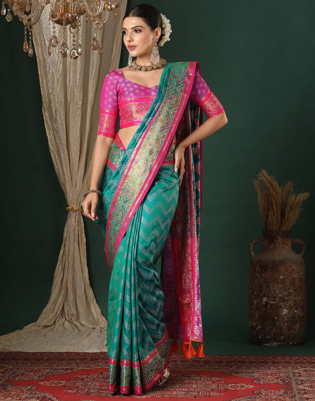 Teal Green Silk Patola Woven Saree