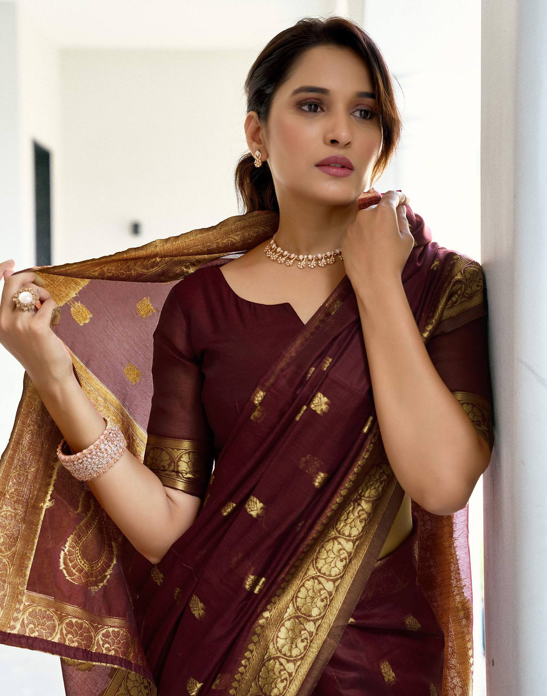 Maroon Chanderi Woven Saree