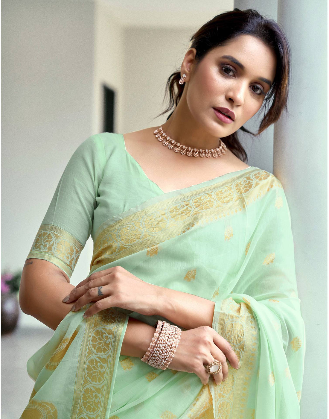Light Mint Green Chanderi Woven Saree