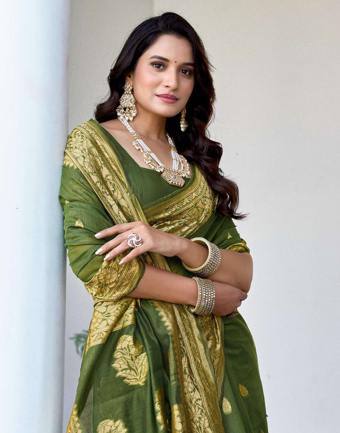 Olive Green Chanderi Woven Saree